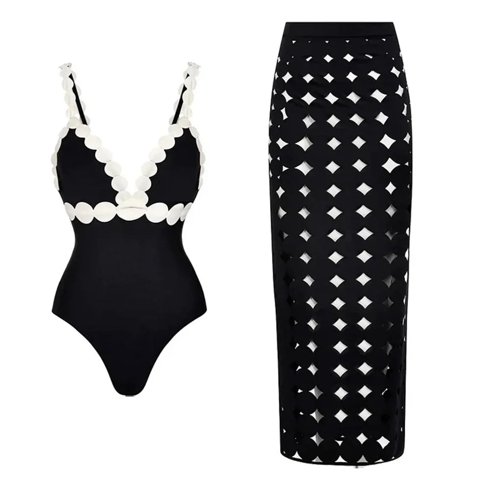 Conjunto de 3 peças de maiô laser cut para mulheres, biquíni sexy com push-up, moda de bainha alta, biquíni feminino com recortes, roupa de banho tipo bodysuit para praia.