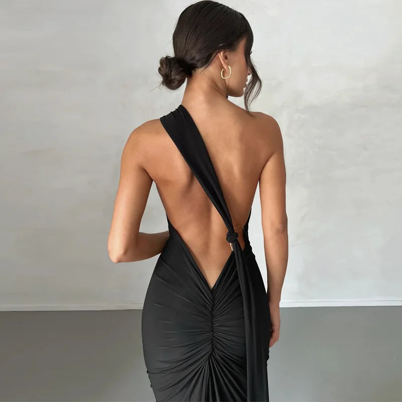 Vestido Longo de Cocktail Elegante Feminino para Festa, Costas Nuas, Abertura Costas, Com Pregas, Justo, Formal para Convidadas de Casamento
