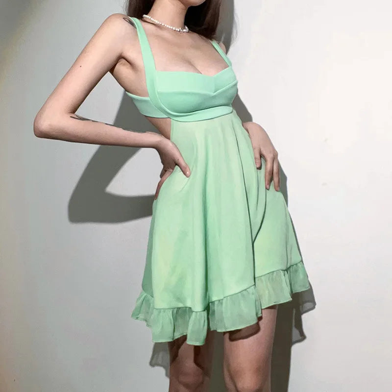 Vestidos Elegantes Para Mulher em Cor Sólida, Vestido Cortado Slim com Alças, Vestido Sexy Costas Nua com Babados para Feminino