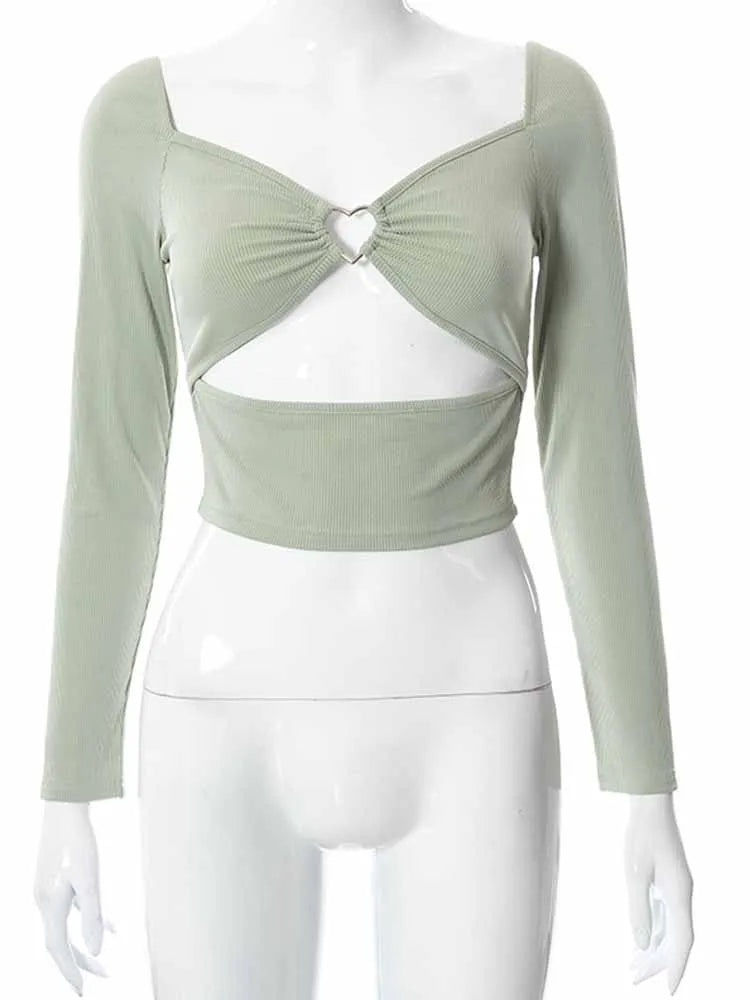 Blusa Cropped de Manga Longa com Decote em V Oco para Primavera e Outono - Moda Casual Feminina, Blusa Slim de Colarinho Quadrado em Malha Canellada, Camiseta Costas Nuas