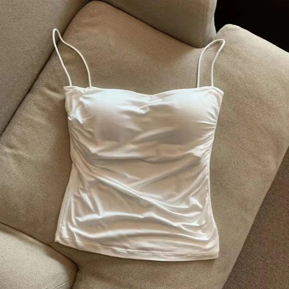 Camisetas Regatas de Verão para Mulheres com Sutiã Embutido, Regatas de Alça Fina, Top Cropped, Tecido Casual de Cor Sólida