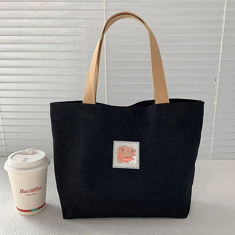 Moo Deng Fashion Canvas Women's Handbag Cute Travel Picnic Food Bag Lunch Bag
