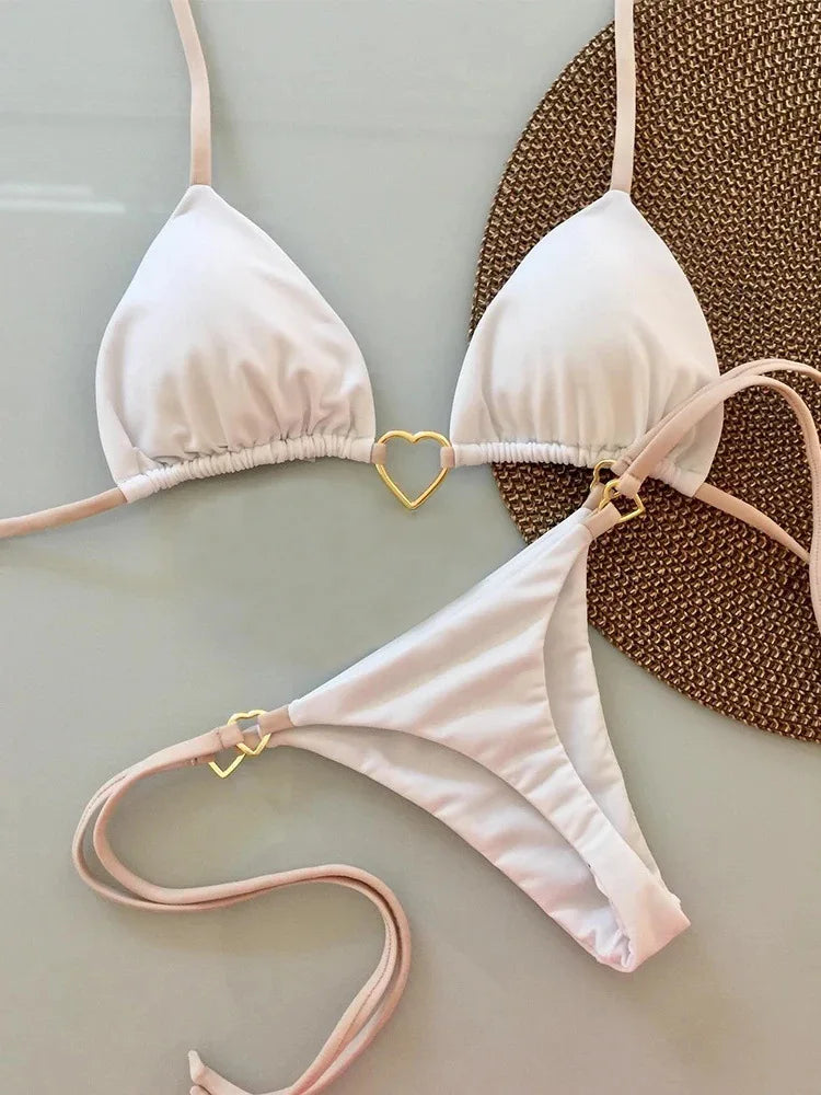 Novo Maiô Branco Sólido para Mulheres, Conjunto de Dois Peças com Cintura Baixa e Laço, Moda de Praia