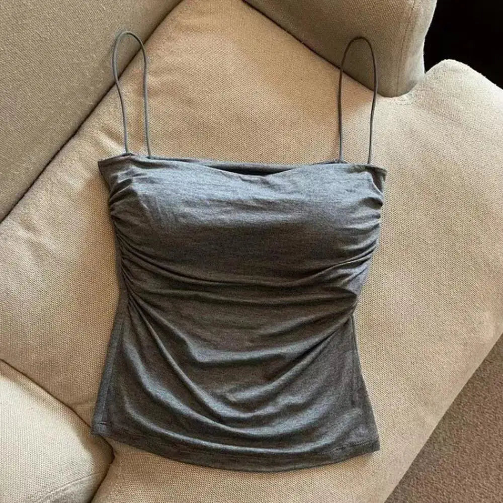 Camisetas Regatas de Verão para Mulheres com Sutiã Embutido, Regatas de Alça Fina, Top Cropped, Tecido Casual de Cor Sólida