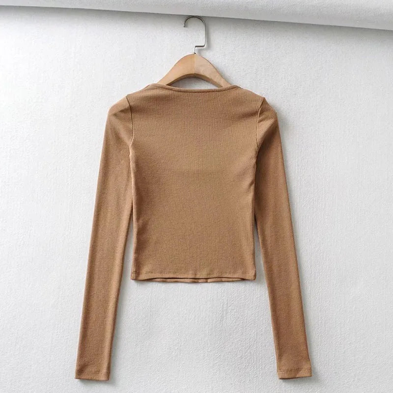 Blusa cropped de decote quadrado com mangas longas e textura canelada para mulheres