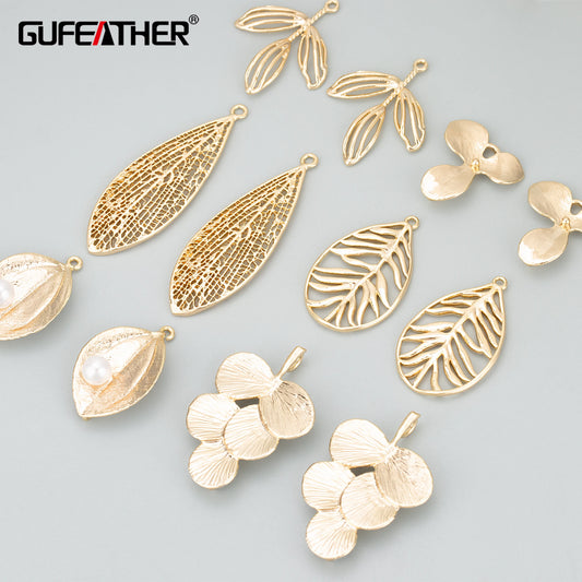 GUFEATHER MD66, acessórios de joalheria, banhado a ródio de ouro 18k, cobre, formato de folha, fabricação de joias, encantos, pingentes DIY, 6pcs/lote