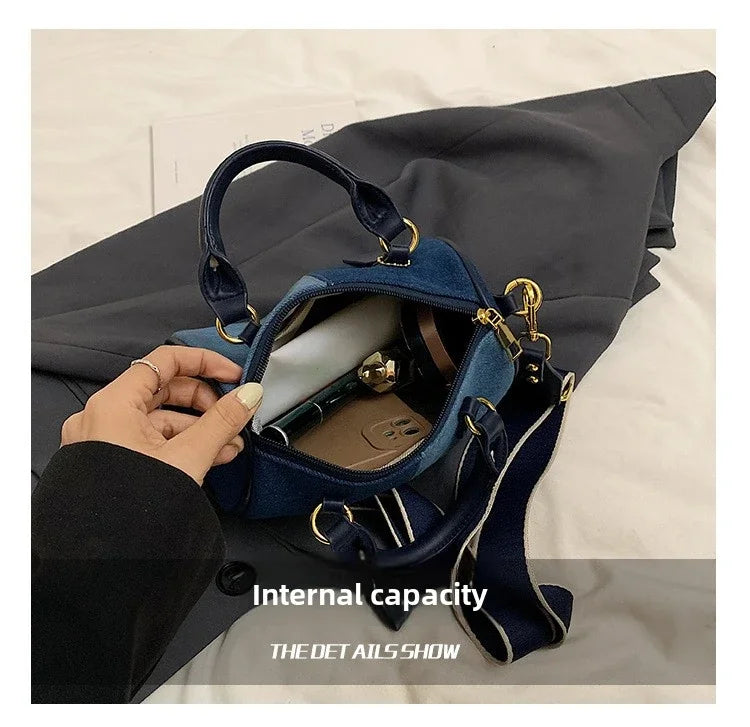 Cross Body Bags Casual Street Small Boston Bag 2025 Designer Purses Patchwork Colorblock Mini Handbags For Women Denim Shoulder