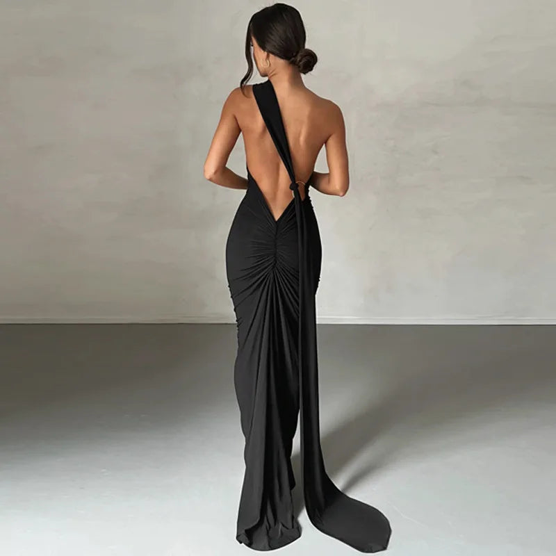 Vestido Longo de Cocktail Elegante Feminino para Festa, Costas Nuas, Abertura Costas, Com Pregas, Justo, Formal para Convidadas de Casamento
