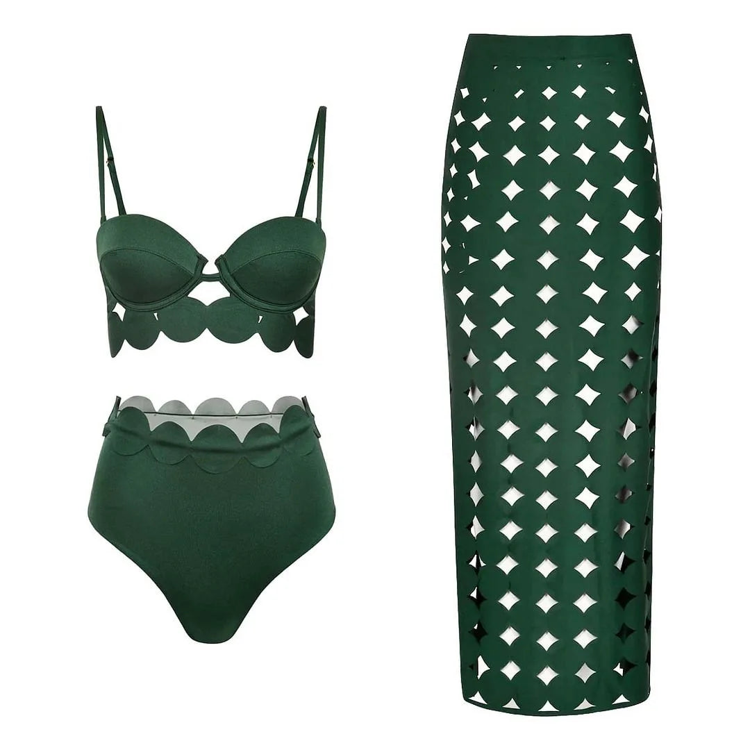 Conjunto de 3 peças de maiô laser cut para mulheres, biquíni sexy com push-up, moda de bainha alta, biquíni feminino com recortes, roupa de banho tipo bodysuit para praia.