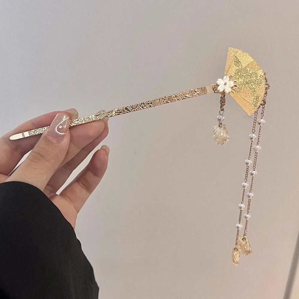 Pinhão de cabelo estilo chinês com hastes de metal, estilo antigo, com franja de orquídea, flor, tassel e acessórios para cabelo feminino.
