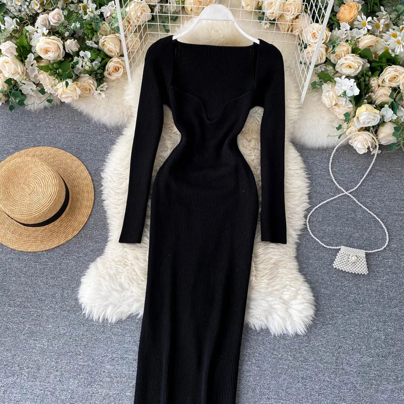 Vestidos para mulheres 2026 vestido justo sem alças em tricô canelado sexy, vestido de suéter midi de manga longa para o inverno