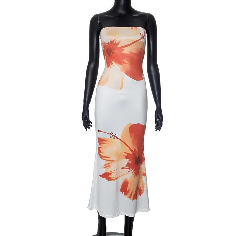 Vestido Longo Tubeless Casual da CUTENOVA para Mulheres 2024 com Estampa de Flor - Off Shoulder, Slim, Ideal para Praia e Férias