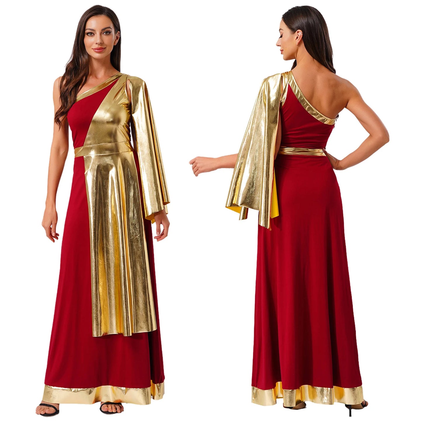 Vestido de Dança Lirica Cristã Feminina Fantasia de Halloween Vestido de Beleza Antiga Grega Romana Cosplay Túnica Tecido Metálico Brilhante Camada Toga