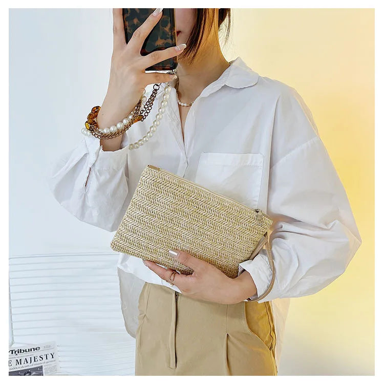 Weaving Bag Fashion Ladies Wristlet Clutch Women Daily Money Phone Clutch Solid Straw Woven Coin Purse Beach Wallet Card Holder