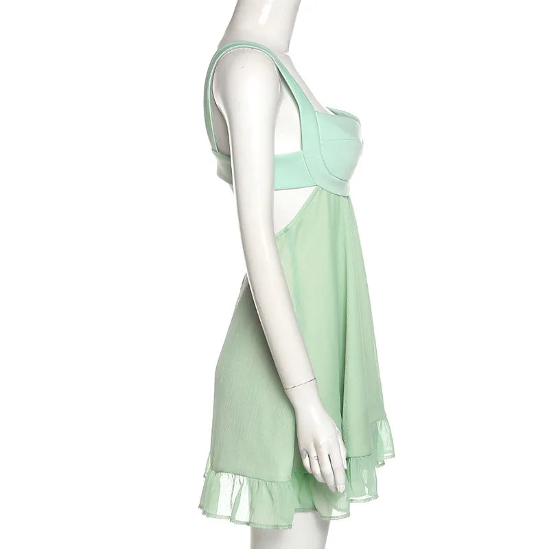 Vestidos Elegantes Para Mulher em Cor Sólida, Vestido Cortado Slim com Alças, Vestido Sexy Costas Nua com Babados para Feminino