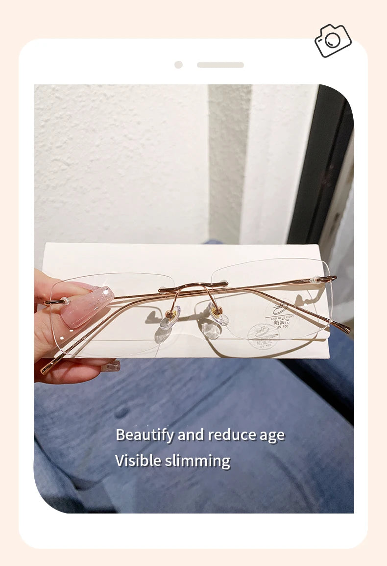 Óculos de leitura sem aro para homens, azul, com proteção contra luz azul, armação de metal, óculos de computador, lentes ópticas CR39 com receita.