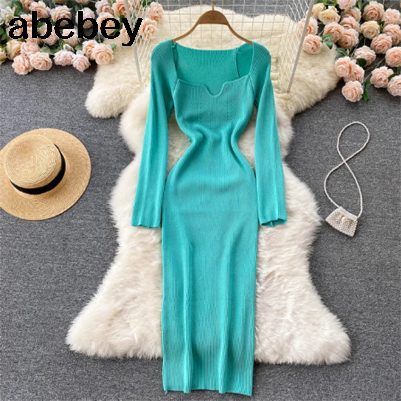 Vestidos para mulheres 2026 vestido justo sem alças em tricô canelado sexy, vestido de suéter midi de manga longa para o inverno