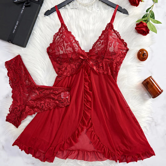 Conjunto de Lingerie Transparente Vermelha Sexy para Mulheres, Roupas de Dormir, Camisola de Renda e Calcinhas, Pijamas Femininos de Papai Noel