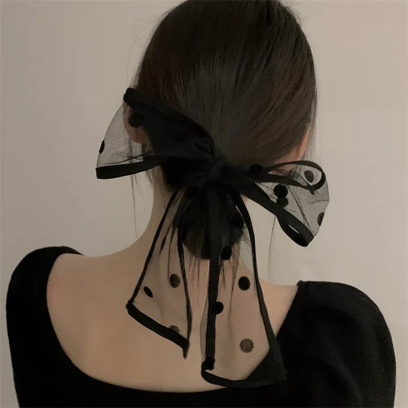 Lenço de Cabelo de Renda Retro Lystrfac Moda Francesa para Mulheres, Faixa de Cabelo com Bordado Preto, Laço Longo, Acessórios Vintage para Cabelo