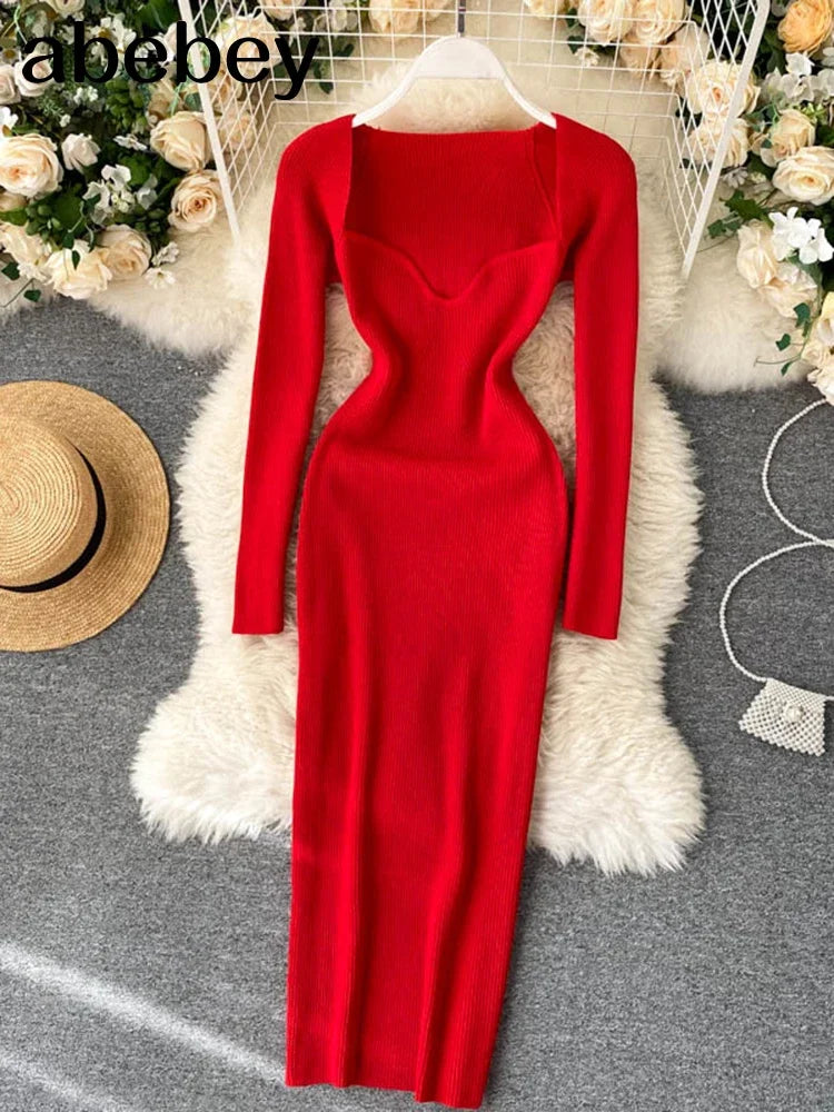 Vestidos para mulheres 2026 vestido justo sem alças em tricô canelado sexy, vestido de suéter midi de manga longa para o inverno
