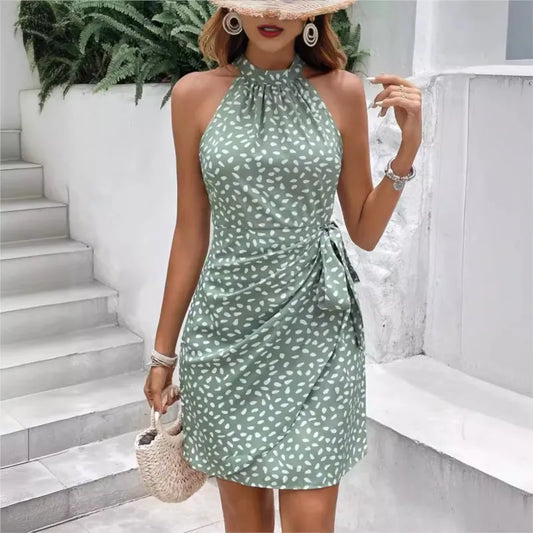 Vestido Curto Floral Plissado Sem Mangas com Zíper e Alças de Ombro - Vestido Mini Sexy com Lace-Up