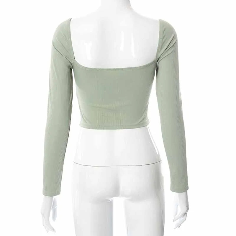 Blusa Cropped de Manga Longa com Decote em V Oco para Primavera e Outono - Moda Casual Feminina, Blusa Slim de Colarinho Quadrado em Malha Canellada, Camiseta Costas Nuas