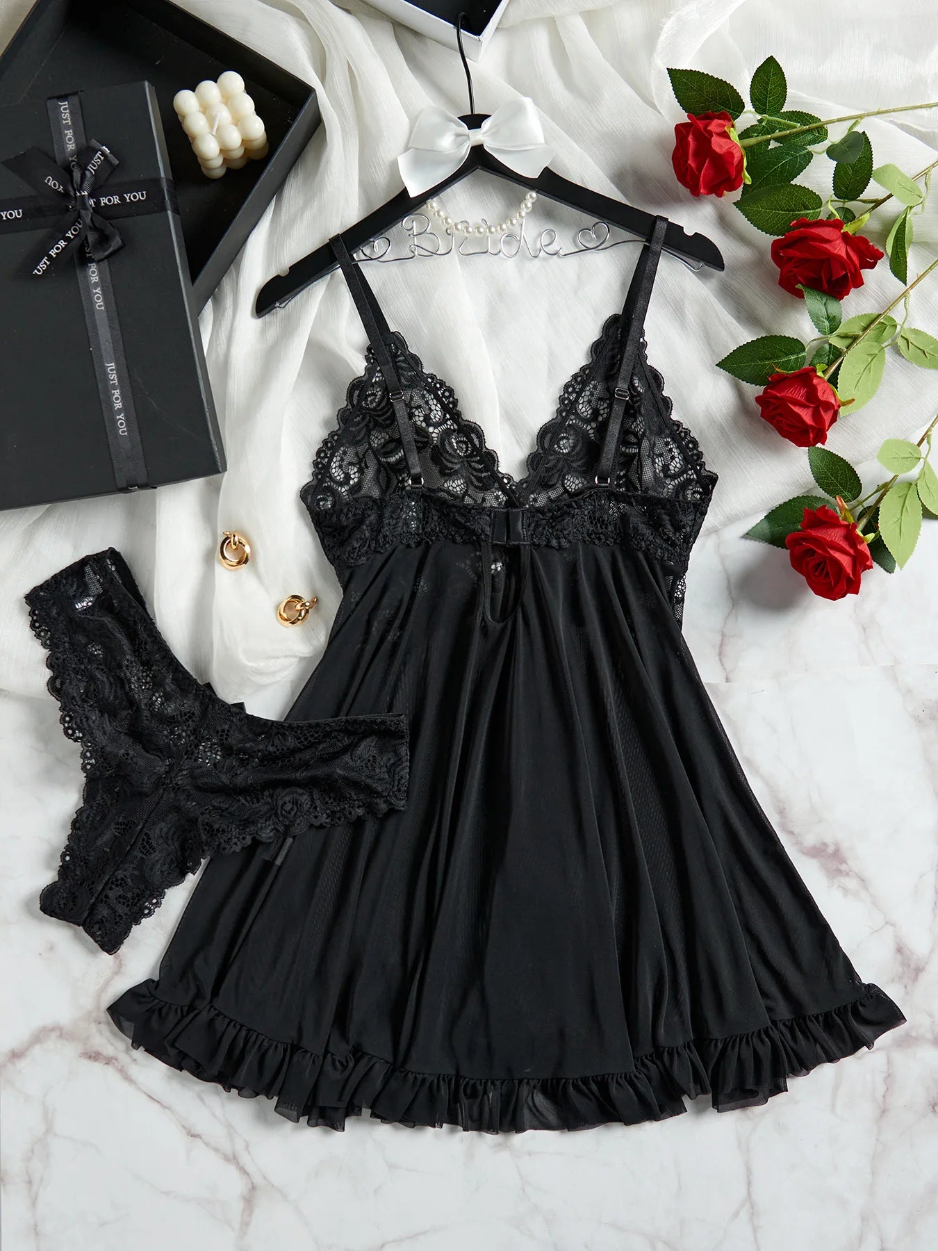 Conjunto de Lingerie Transparente Vermelha Sexy para Mulheres, Roupas de Dormir, Camisola de Renda e Calcinhas, Pijamas Femininos de Papai Noel