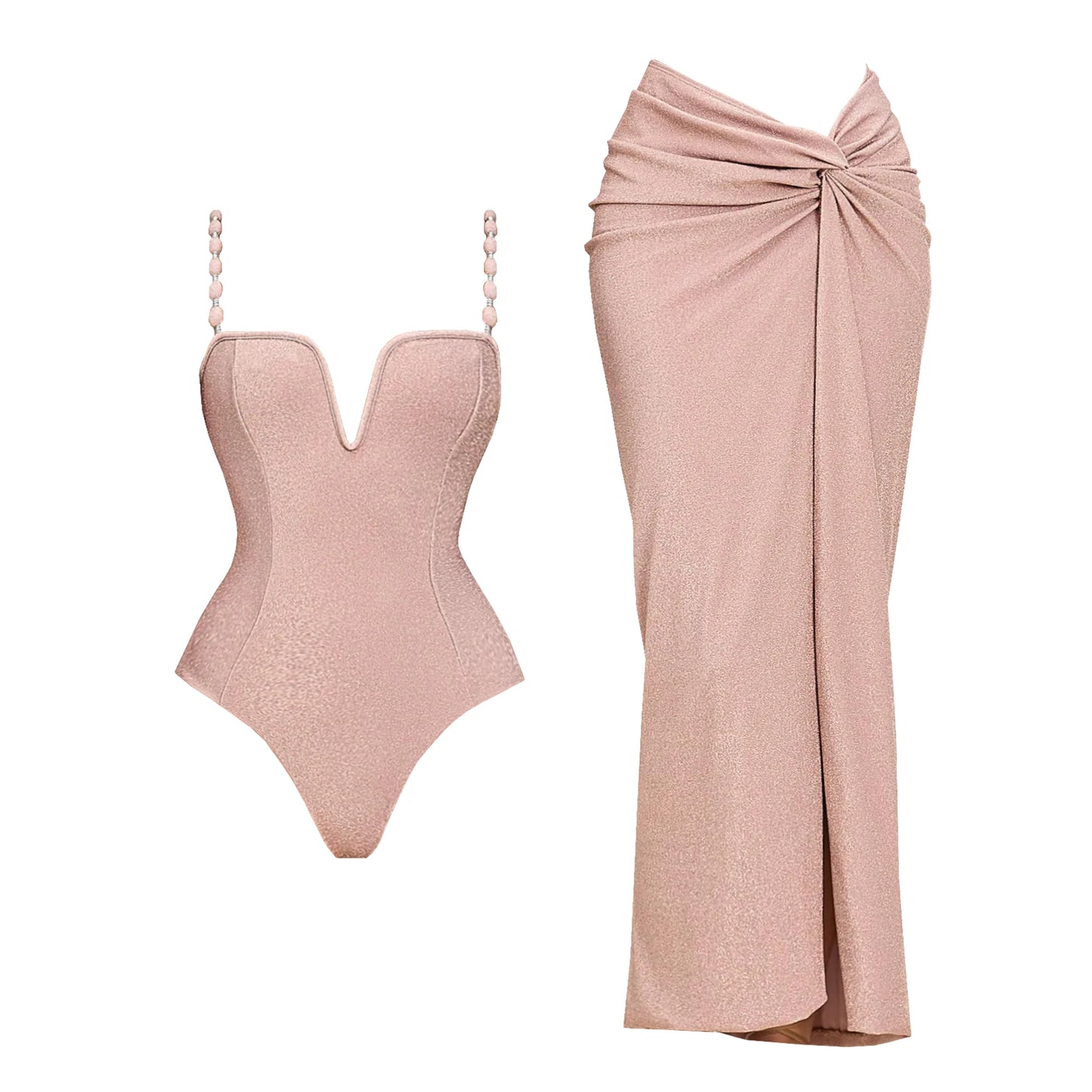 Conjunto de 3 peças de maiô push up com saia longa, sexy, moda feminina, biquíni com decote em V, macacão brilhante, roupa de banho e cobertor de praia.