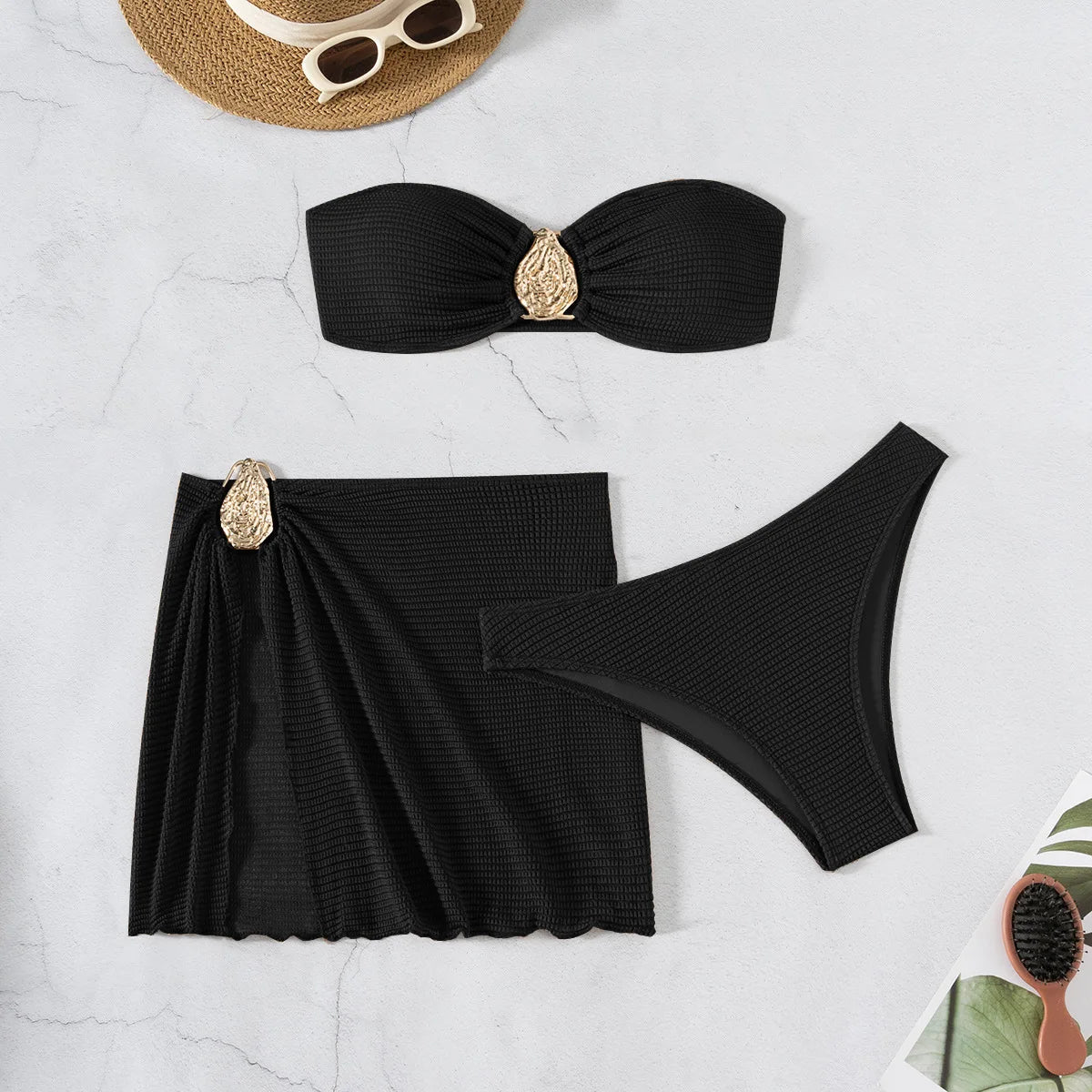 Biquíni Bandeau Sexy para Mulheres com ornamento de gota d'água de metal, blusa com bojo, saia de malha, traje de banho de 3 peças para praia