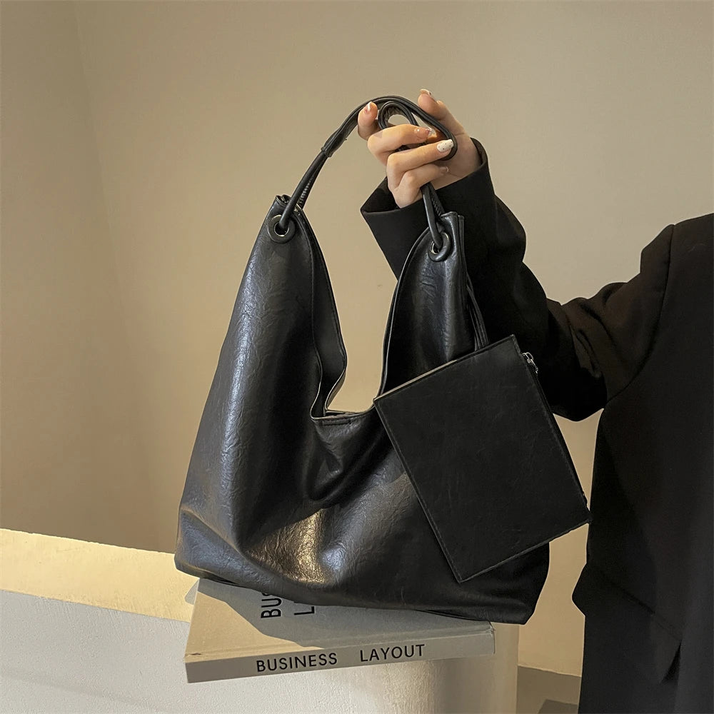 Burgundy 2-IN-1 Shoulder Tote Bags For Women Soft PU Leather Solid Color Large Capacity Shopping Hobo Bag With Coin Purse 2024