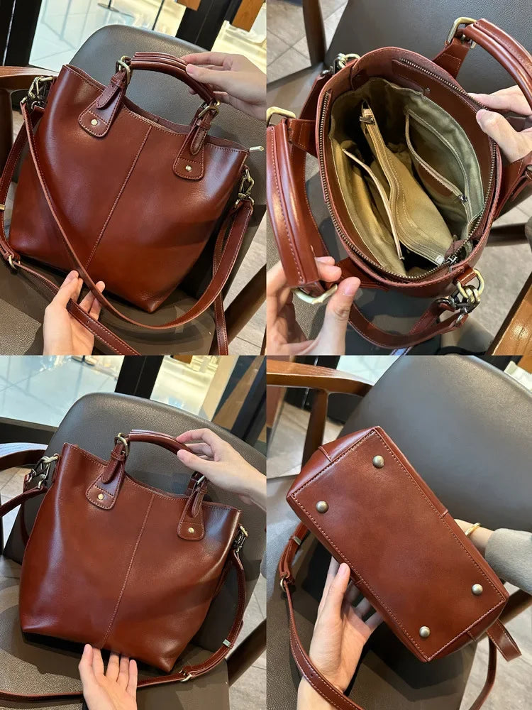 Genuine Leather Women's Tote Bag 2025 New Woman Shoulder Bags Fashion Cowhide Crossbody Bucket Bag Female Handbags 9258