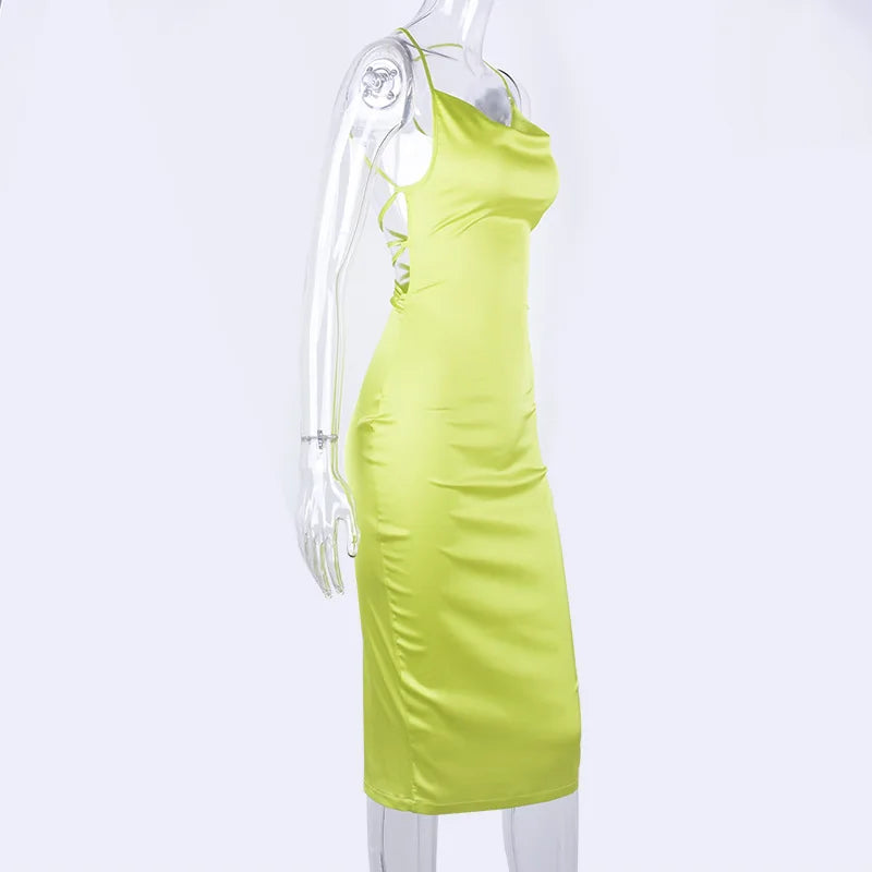 Vestido Midi Longo de Renda Cetim Neon Rosa Claro com Amarração nas Costas, Elegante, Sexy para Festas e Clubes, Roupas de Jantar de Verão 2022