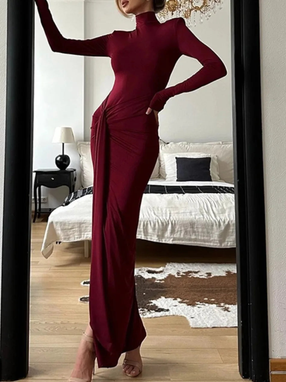 Vestidos Femininos Moda Outono e Inverno Vestido Sólido de Cor com Gola Alta, Manga Longa e Cinto na Cintura, Longo para Festas