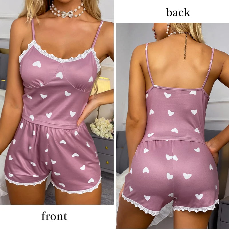 Conjunto de Pijama Casual Feminino com Top e Short em Renda Impressa em V com Alças