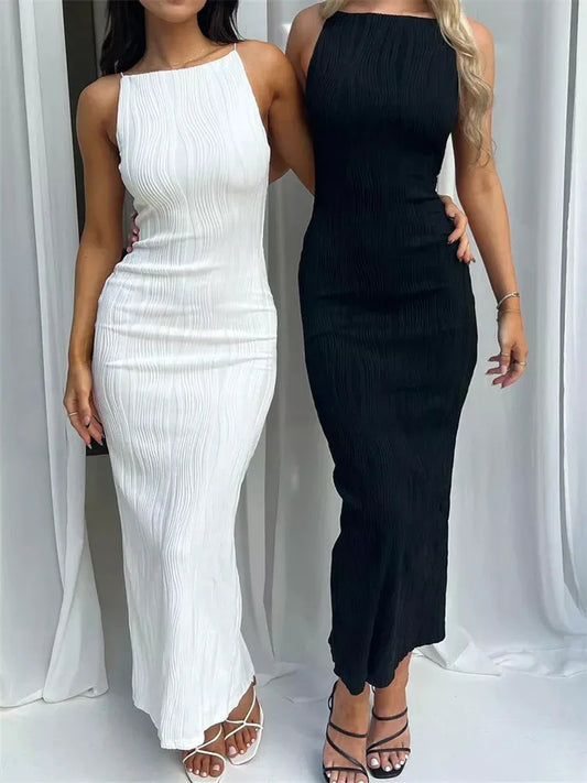Vestido Longo Sexy para Mulheres, Justo, Sem Mangas, Liso, de Verão, Festa, com Fenda nas Costas, Roupas de Balada Feminina