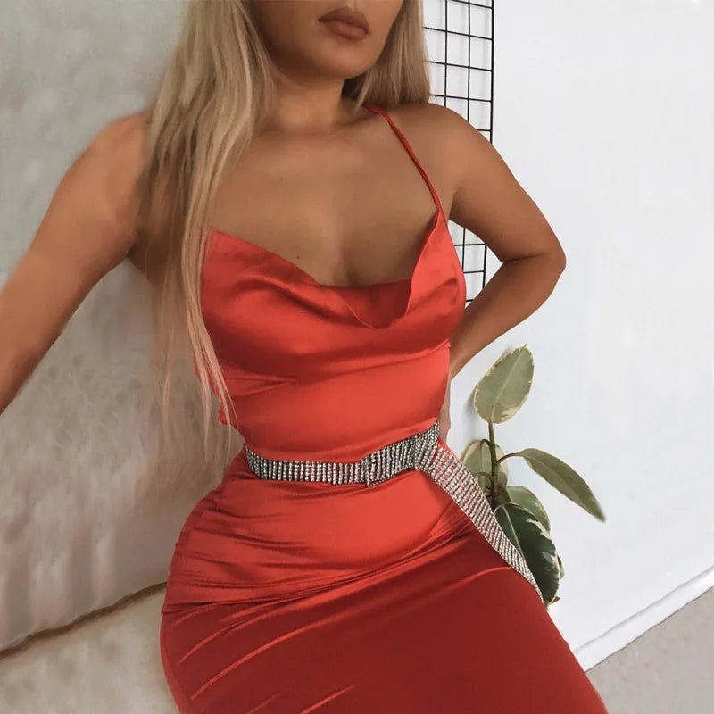 Vestido Midi Longo de Renda Cetim Neon Rosa Claro com Amarração nas Costas, Elegante, Sexy para Festas e Clubes, Roupas de Jantar de Verão 2022
