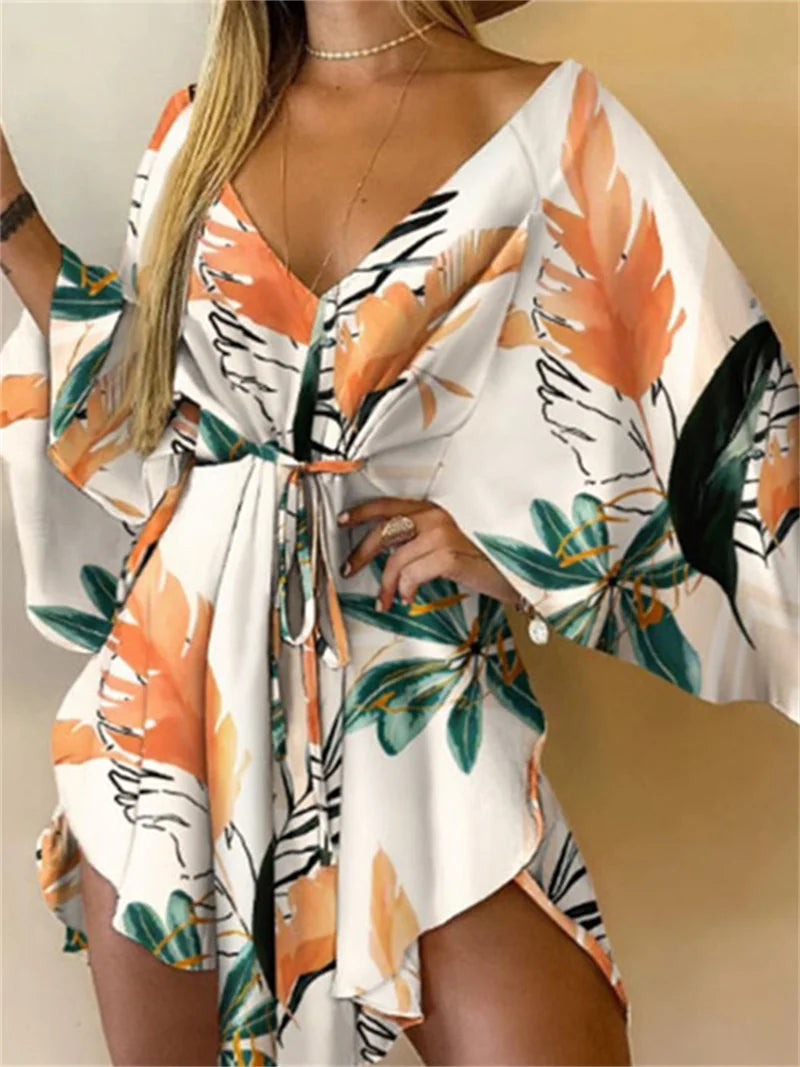 Vestido Estampado Feminino Sexy Com Decote em V, Manga Bat, Renda e Estampa de Flores, Vestido Boêmio de Praia, Vestido Mini Solto para Verão e Férias