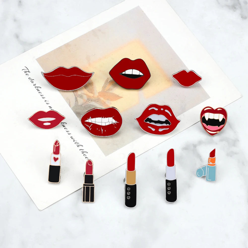 Meninas Sexy Lábios Vermelhos e Alfinetes de Esmalte de Batom, Charme Feminino, Broches de Metal, Pin de Lapela para Casaco, Chapéu, Bolsa, Pins Distintivos, Acessórios de Joias, Presente