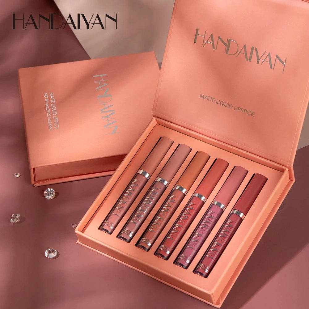 Conjunto HANDAIYAN com 6 Batons Líquidos Não Grudentos, Caixa de Presente de Brilho Labial de Longa Duração – Brilho Labial com Acabamento Fosco, Resistente ao Desgaste