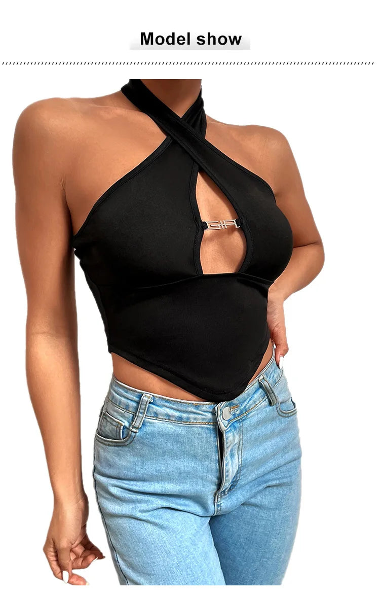 Top Crop Halter Sem Mangas em Bandagem Cruzada Sexy com Ombros à Mostra para Mulheres