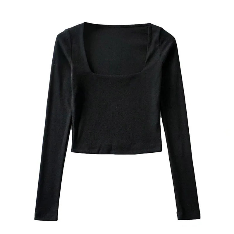 Blusa cropped de decote quadrado com mangas longas e textura canelada para mulheres