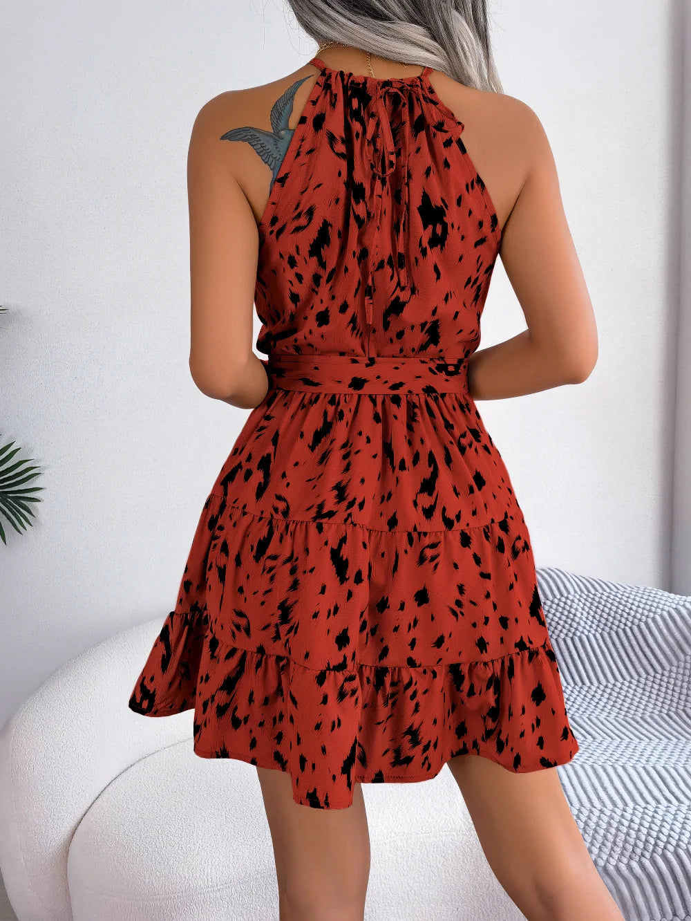 Vestido de Verão Casual Sem Mangas com Estampa de Leopardo, com Ruffles, Sexy, Tipão Halter, para Praia, Estilo A-Line, Vestido Curto 2025