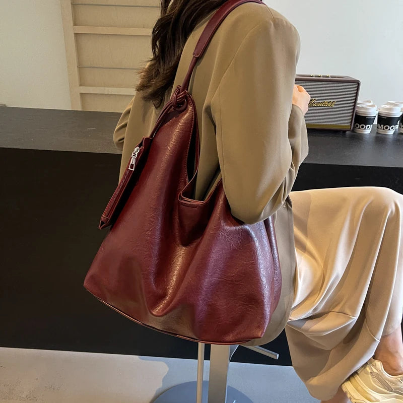 Burgundy 2-IN-1 Shoulder Tote Bags For Women Soft PU Leather Solid Color Large Capacity Shopping Hobo Bag With Coin Purse 2024