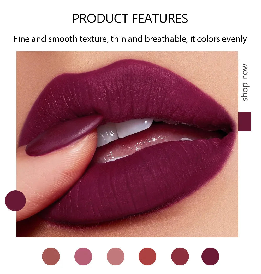 Batom Matte em 6 Cores, Sem Desbotar, Não Gruda no Copo, Acabamento Veludo de Longa Duração, Cor de Lábios Matte Suave e Resistente à Água, à Prova de Borro