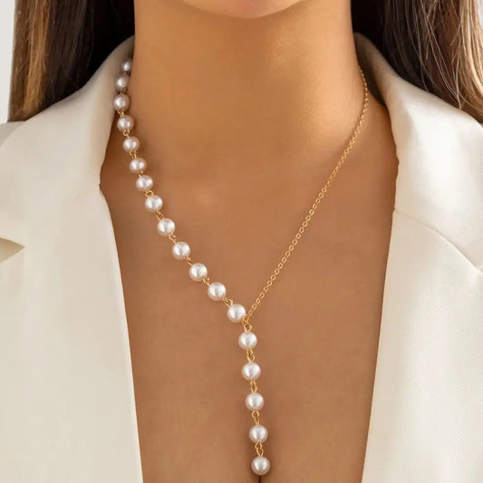 Colar de corrente assimétrica elegante em imitação de pérola Ingemark para mulheres, noivas, acessórios de colar longo Kpop, nova joia