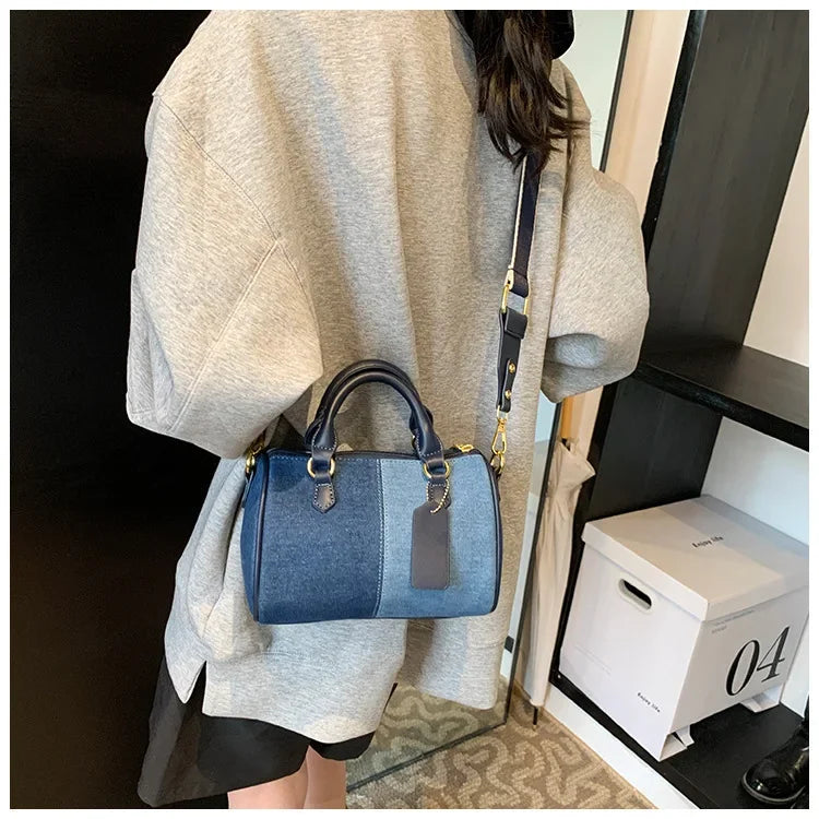 Cross Body Bags Casual Street Small Boston Bag 2025 Designer Purses Patchwork Colorblock Mini Handbags For Women Denim Shoulder