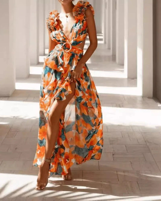 Vestidos para Mulheres 2025 Verão Nova Moda Impressão Costas Descobertas Sem Mangas Sexy Temperamento Comutação Elegante Vestido Longo com Alças