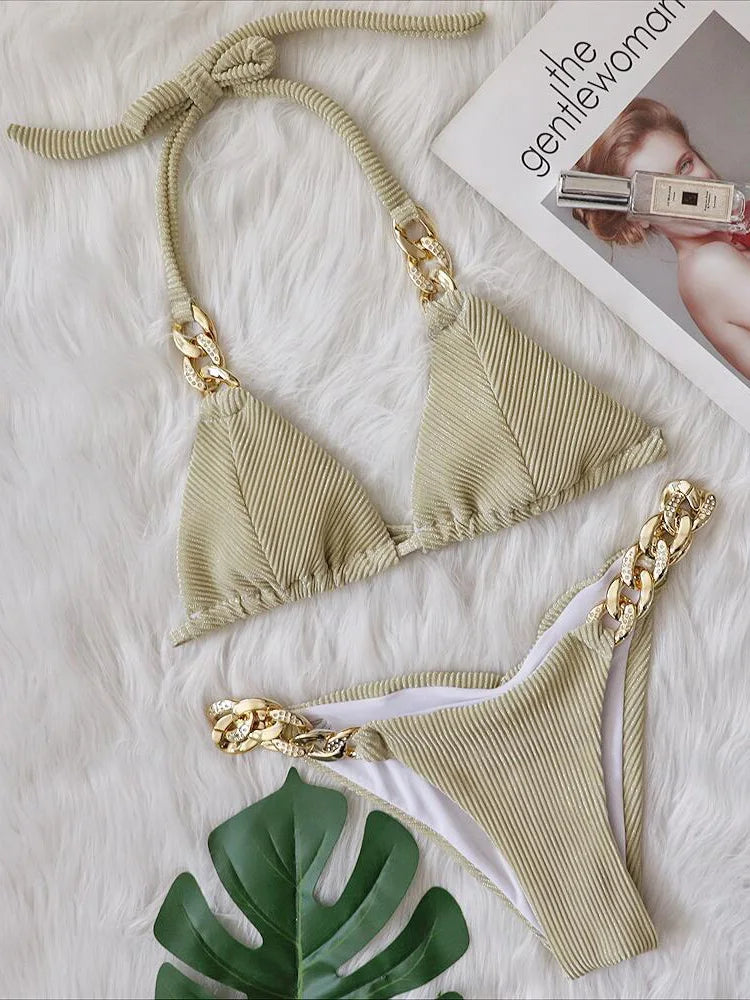 Biquíni de Cadeia de Halter com Diamante de Strass para Mulheres, Roupa de Banho Feminina, Conjunto de Biquíni com Duas Peças, Roupa de Banho Brasileira