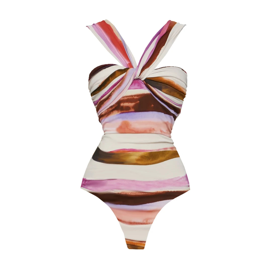 Conjunto de 2 peças de maiô listrado com saia longa, biquíni sexy feminino com push up, halter, biquíni feminino, traje de banho modelador, roupa de praia.