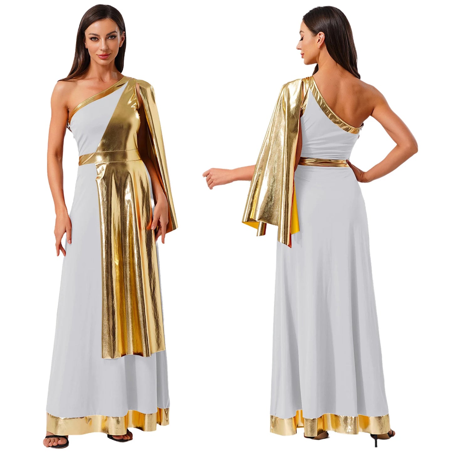 Vestido de Dança Lirica Cristã Feminina Fantasia de Halloween Vestido de Beleza Antiga Grega Romana Cosplay Túnica Tecido Metálico Brilhante Camada Toga